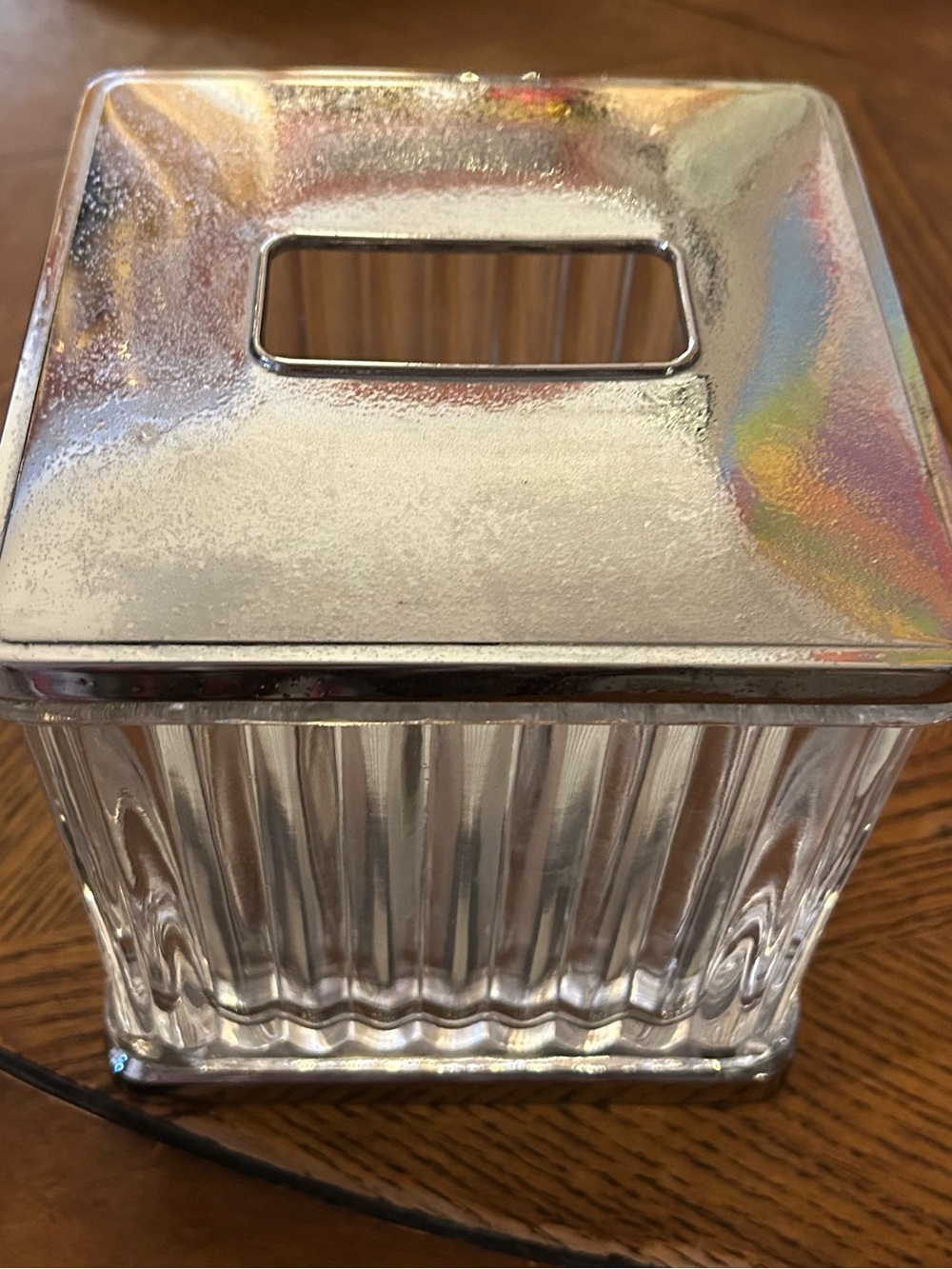 Ribbed Glass Tissue Box Cover with Chrome Base & Lid - Picture 2 of 12